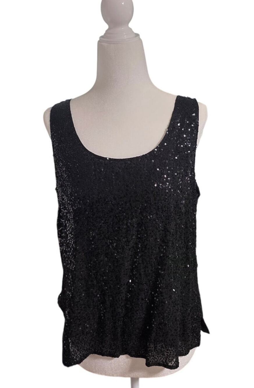 Eileen Fisher Black Sequin Tank Top Womens M 100% Silk Evening Party Blouse